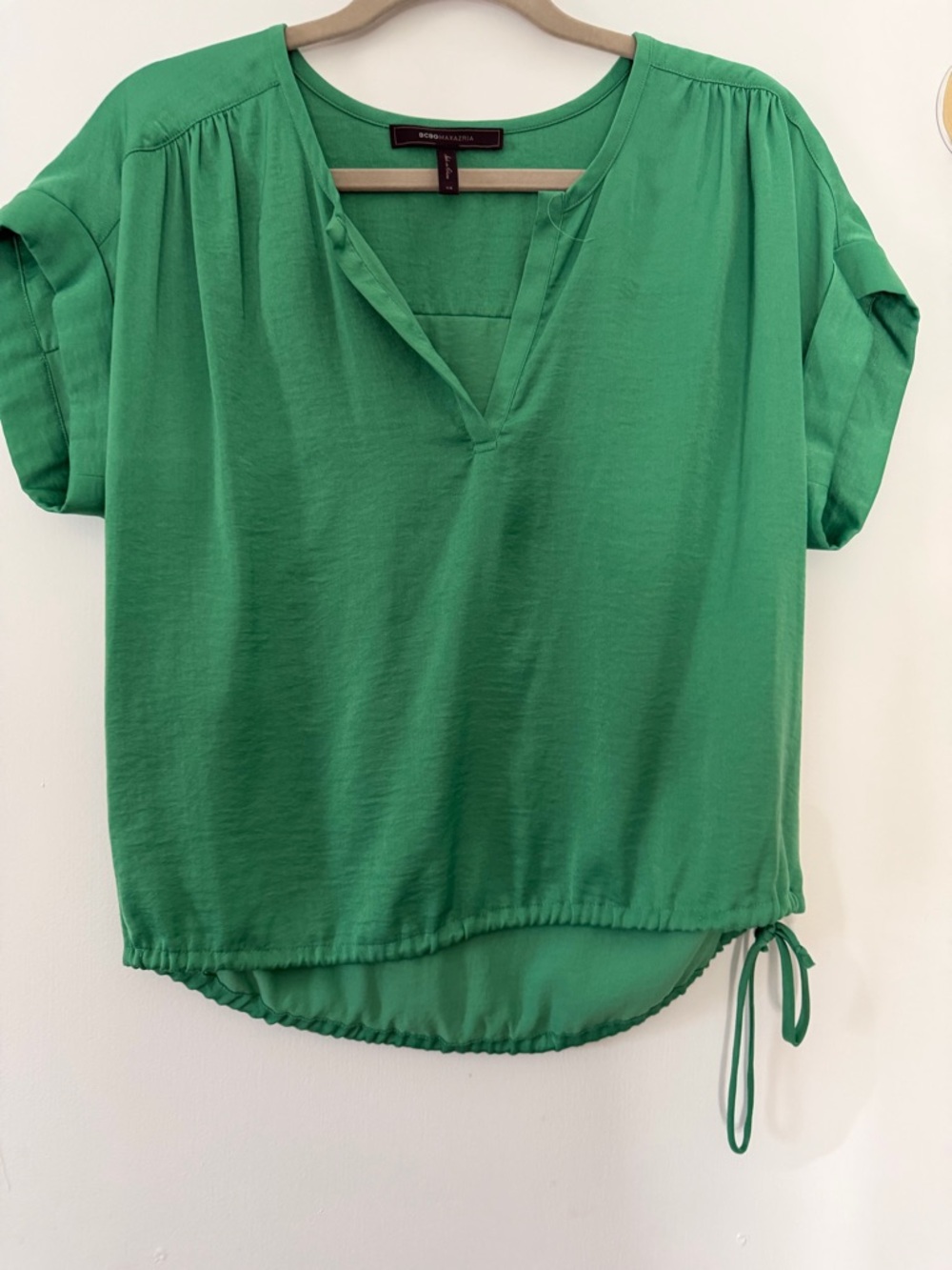 BCBGMaxAzria Green V-Neck Drawstring Hem Blouse women size XS
